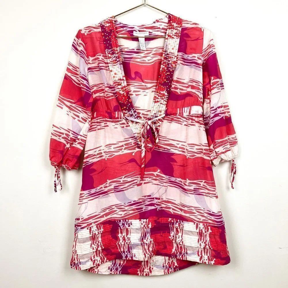 Diane Von Furstenberg Soleil Swim Cream Coral Pink Beaded Silk Swim Cover Up